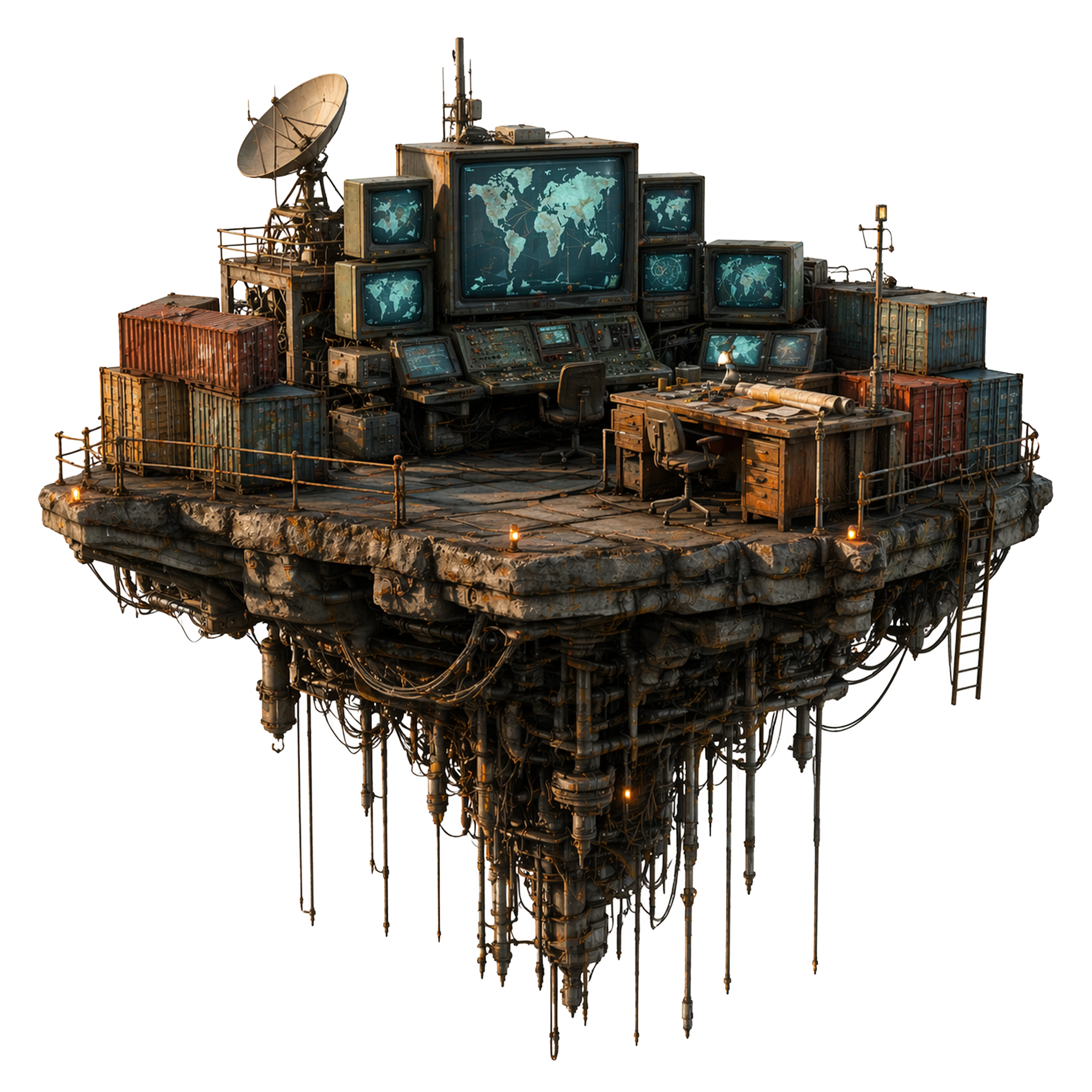 Isla flotante con torre de control y contenedores — Alcance