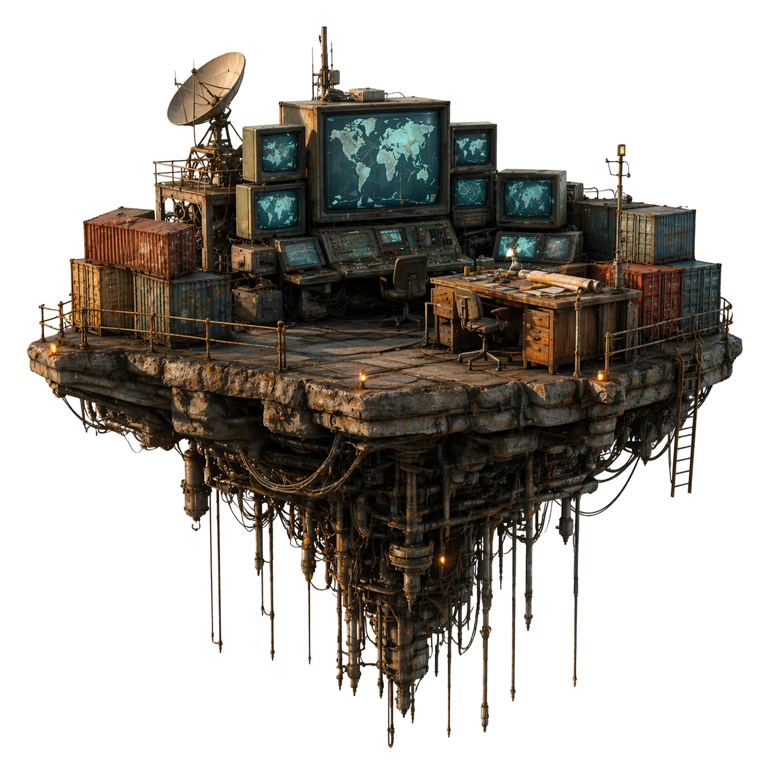 Isla flotante con torre de control y contenedores — Alcance