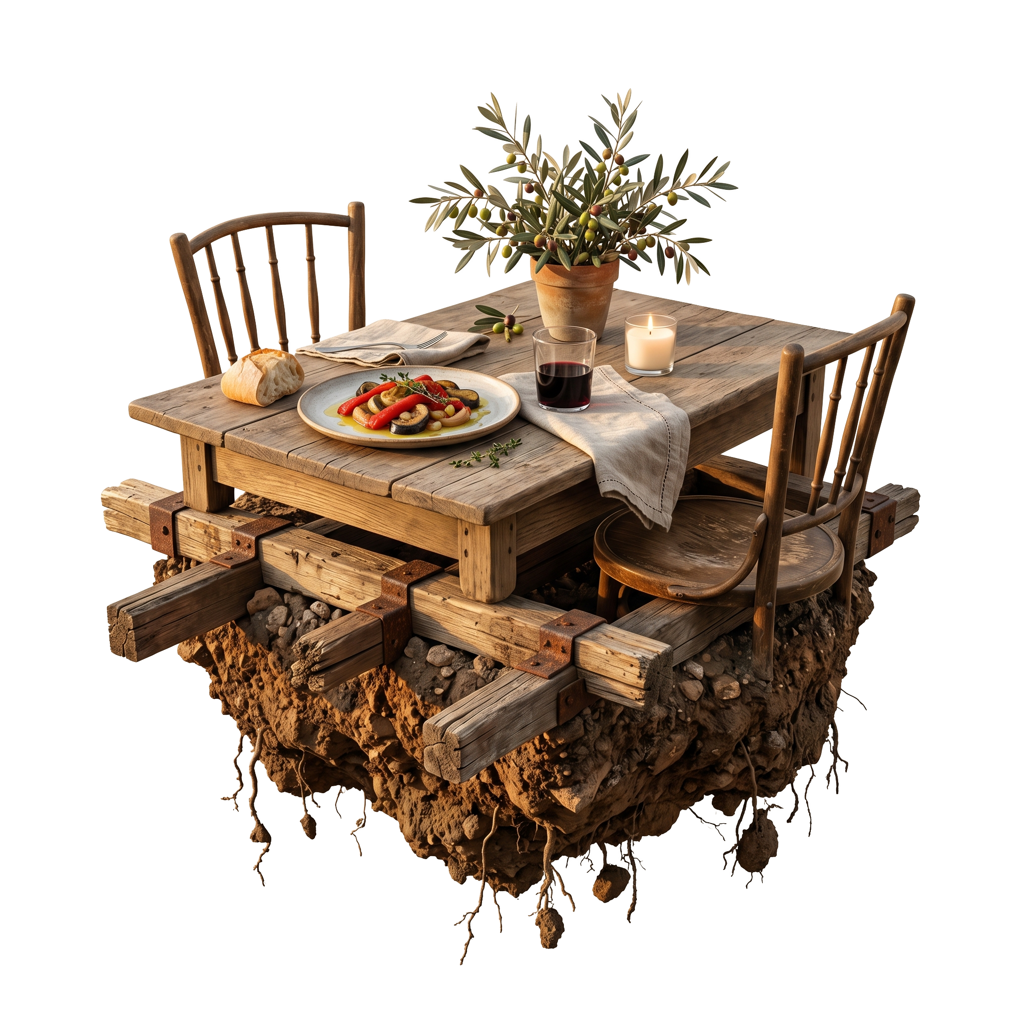 Isla flotante con mesa, plato y olivo — Impacto