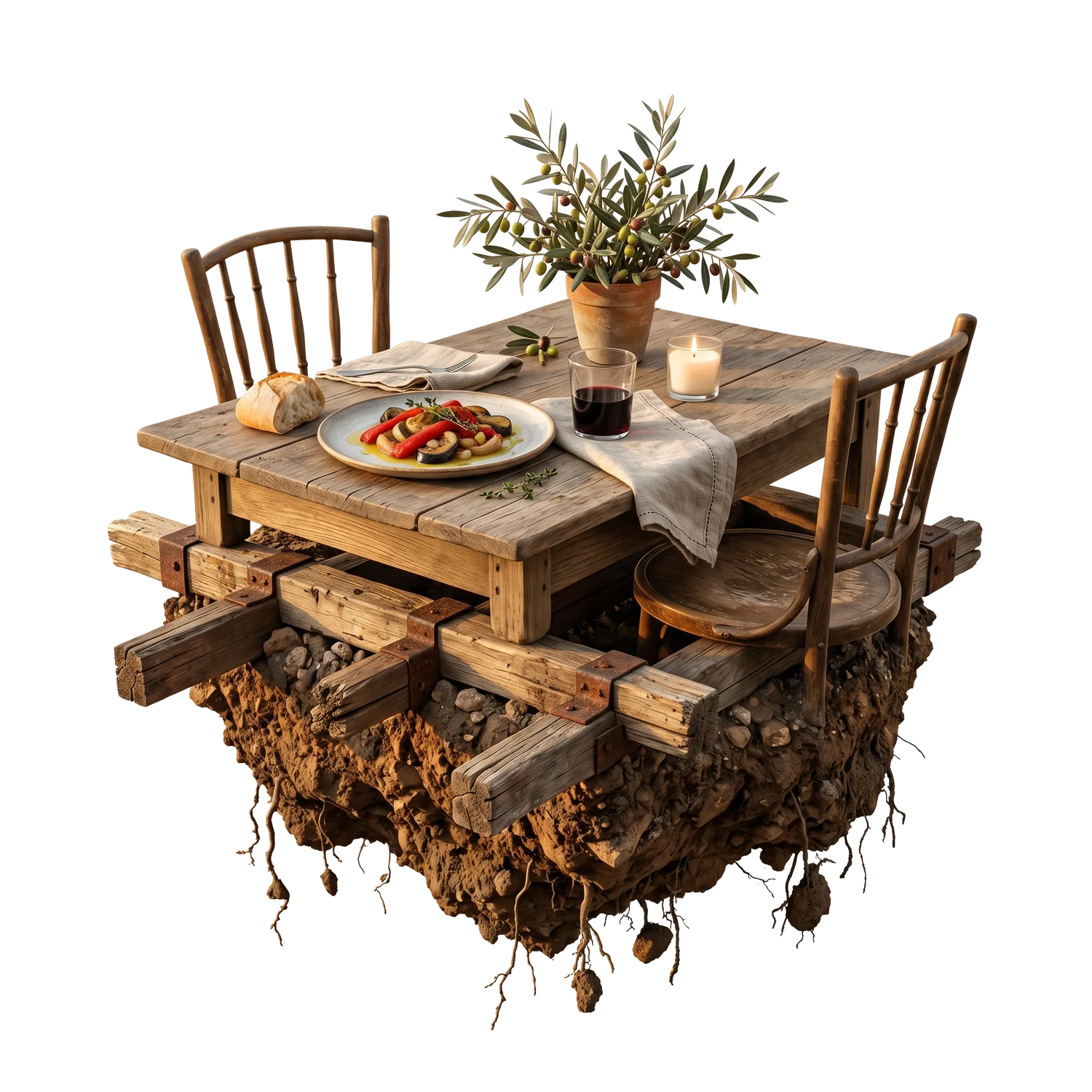 Isla flotante con mesa, plato y olivo — Impacto